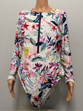 Mynah Floral Print White Long-sleeve One-Piece Swimsuit